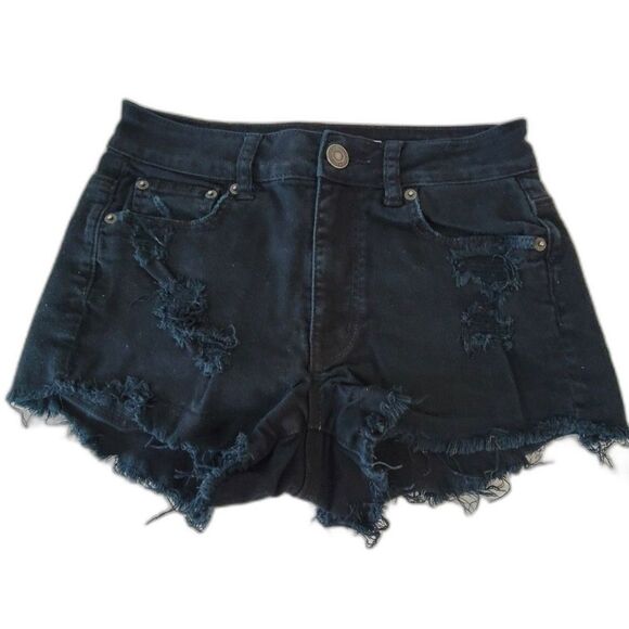 American Eagle size 2 Hi-rise distressed Black Stretch 2" Shortie denim shorts - Picture 2 of 12